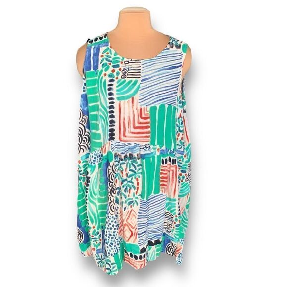 Orientque Alberobello Dress Blue Green Abstract Print Sleeveless Linen Blend - Picture 3 of 12